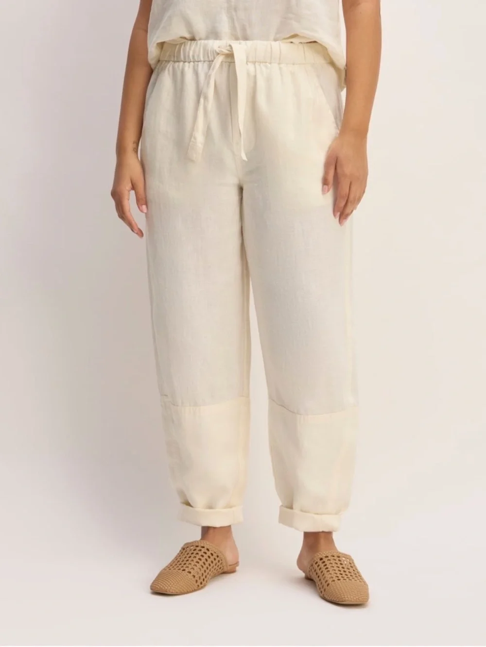 Everlane THE LINEN PULL-ON BARREL PANT Size S White Linen Drawstring